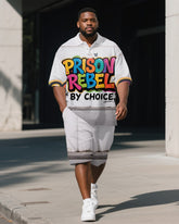 Men's Simple Colorful PRISON Lettering Big and Tall Short Sleeve Polo Shirt Shorts Set